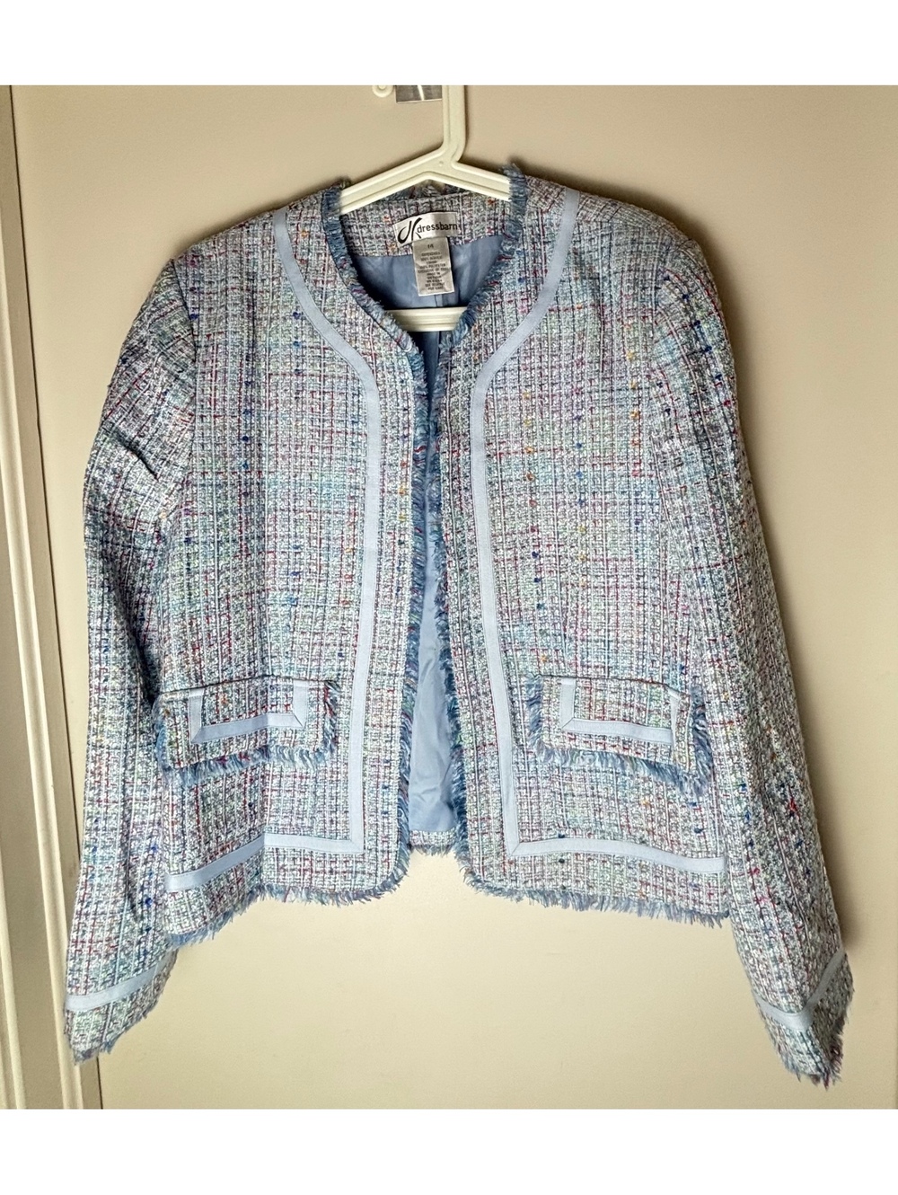 Dressbarn Women Size 14 Blue Multicolor Boucle Tweed Jacket Fringe Lined